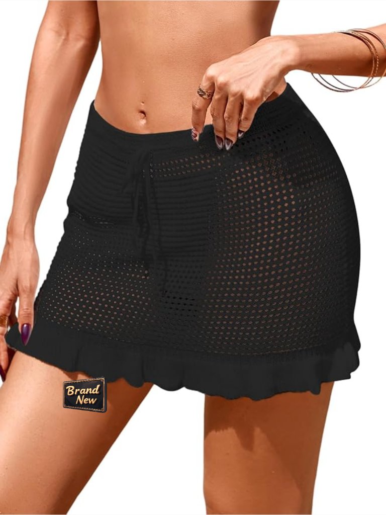 Crochet Elastic Waist Tie Beach Skirt Ruffle Trim Hollow Out Cover Up Mini Skirt